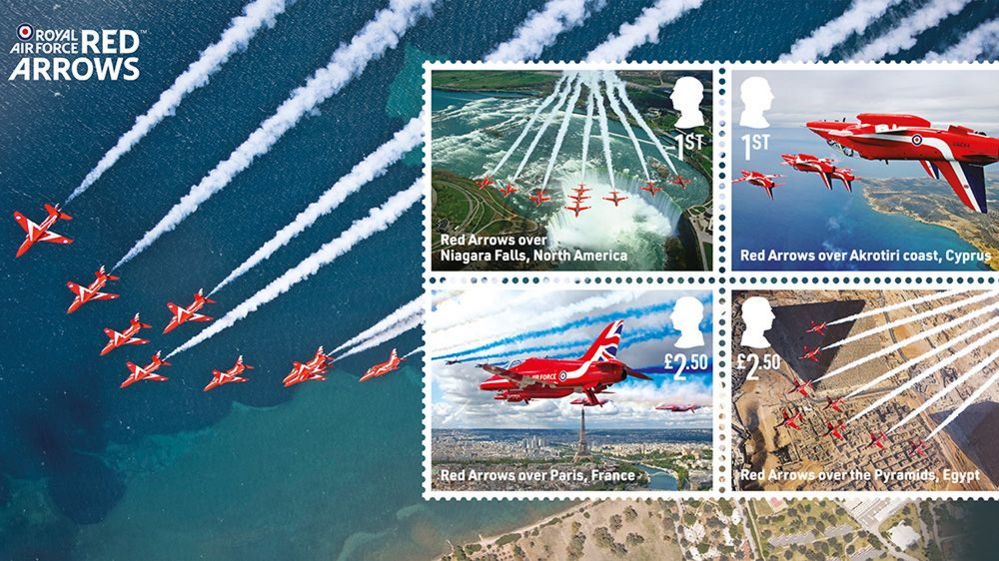 red arrows stamps, red planes flying over paris, egypt, niagara falls and cyprus