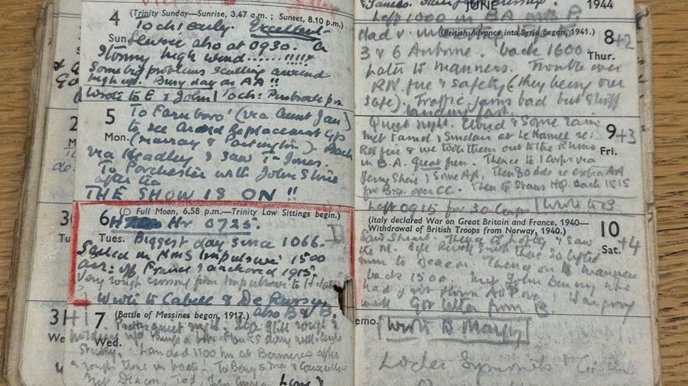 Pages of a handwritten diary covering D-day and surrounding time, small writing