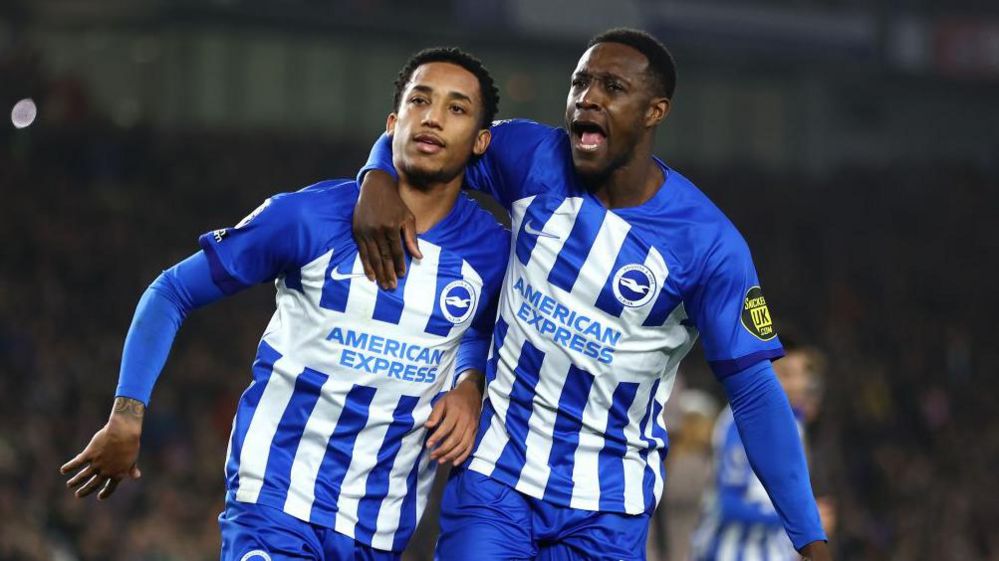 Brighton's Joao Pedro and Danny Welbeck celebrating