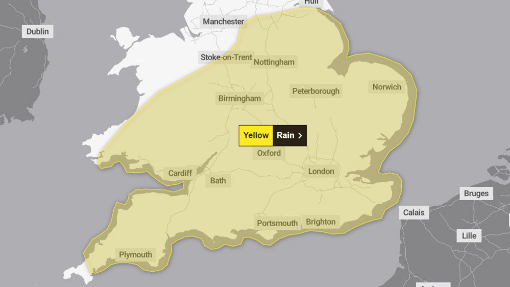 Met Office weather warning covering most of southern England and Wales