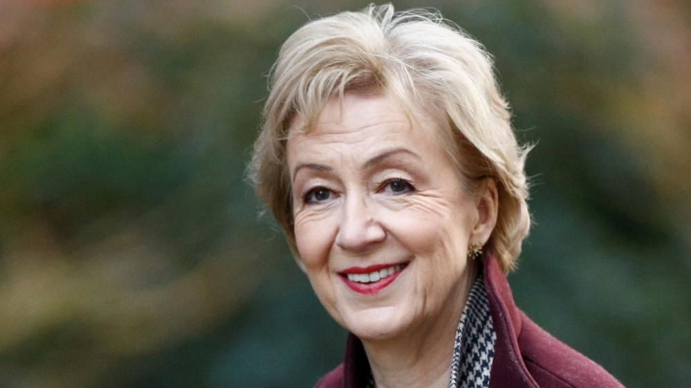 Dame Andrea Leadsom with blonde hair wearing a pink jacket