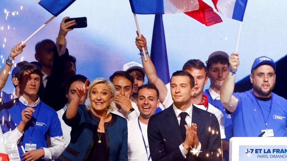 Marine Le Pen, President of the French far-right National Rally (Rassemblement National - RN) party parliamentary group, and Jordan Bardella