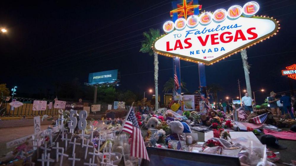Image shows memorial set up along the Las Vegas Strip for the Las Vegas mass shooting