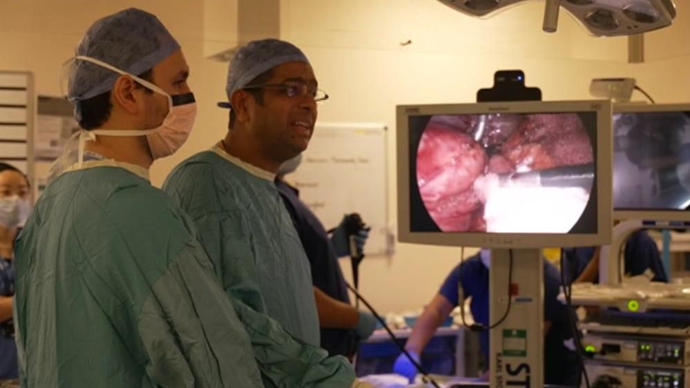 Two men in blue scrubs and masks looking at a screen displaying organs