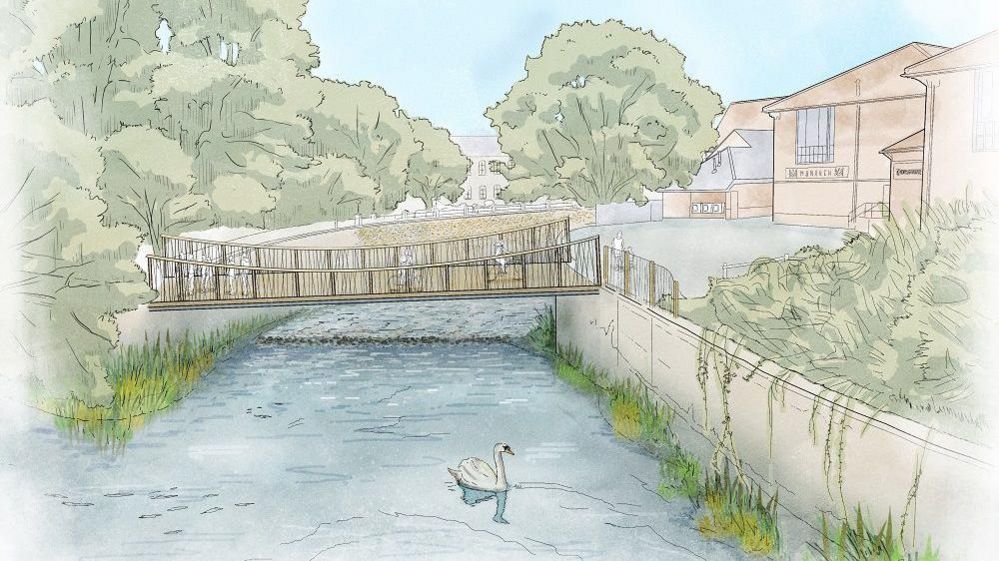 A coloured sketch of a river with wooden bridge and swan