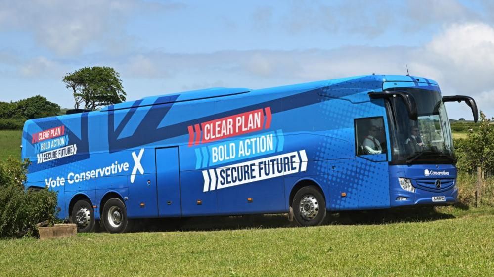 The Conservatives' campaign bus arrives as the party campaigns on a farm near Barnstaple in North Devon