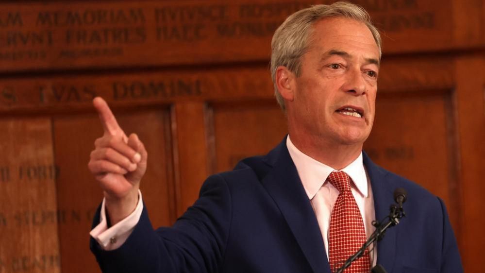 Nigel Farage makes an election speech in London, Britain, 14 June 2024
