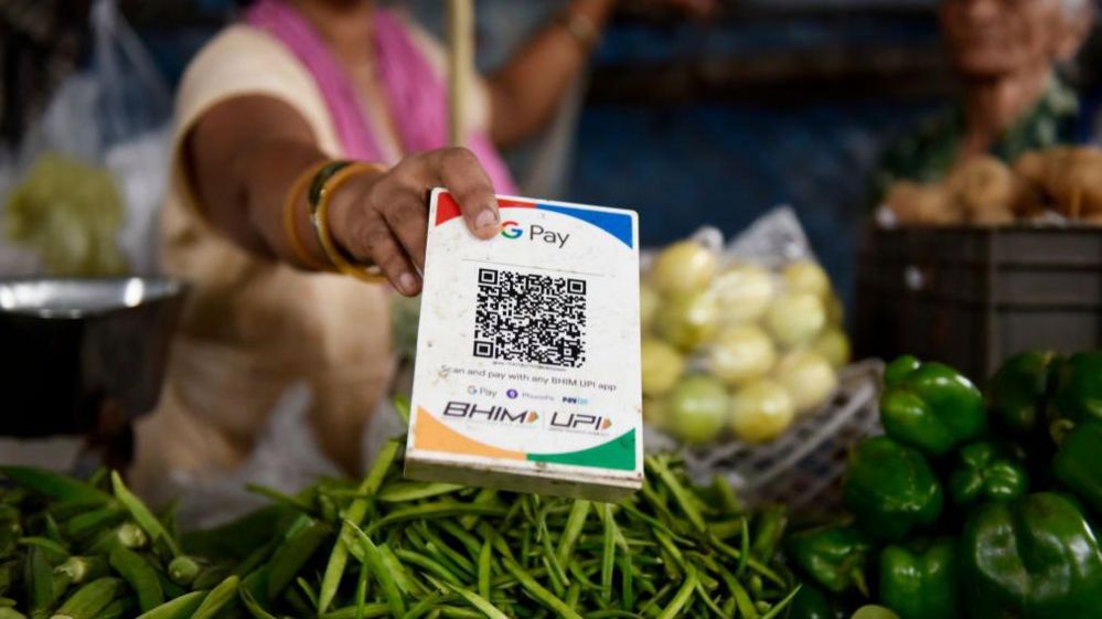 A UPI QR code is seen in a vegetable shop in Mumbai