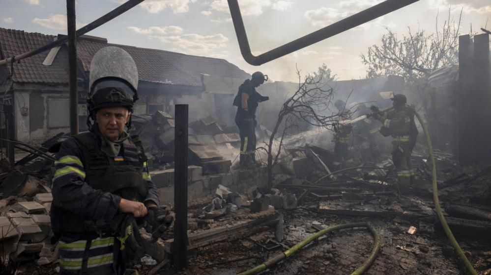 Emergency workers extinguish a fire that destroyed a private house after a Russian strike on a residential area in Pokrovsk amid Russia's attack on Ukraine, August 3, 2024