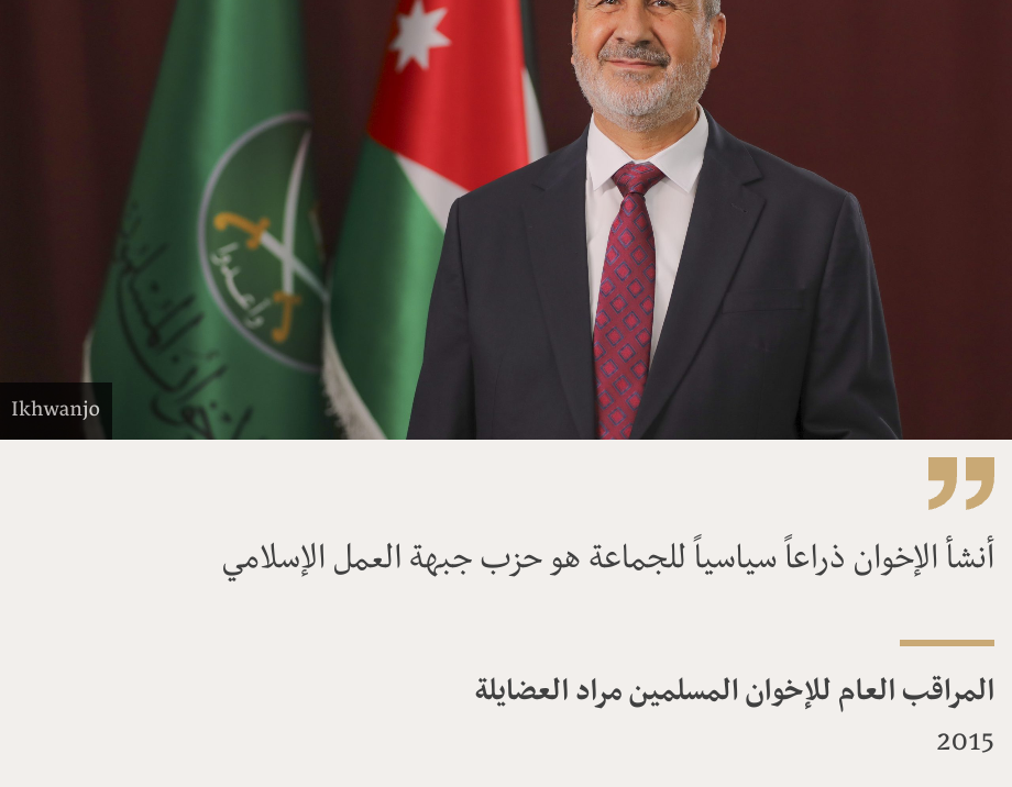 "أنشأ الإخوان ذراعاً سياسياً للجماعة هو حزب جبهة العمل الإسلامي", Source: المراقب العام للإخوان المسلمين مراد العضايلة, Source description: 2015, Image: 