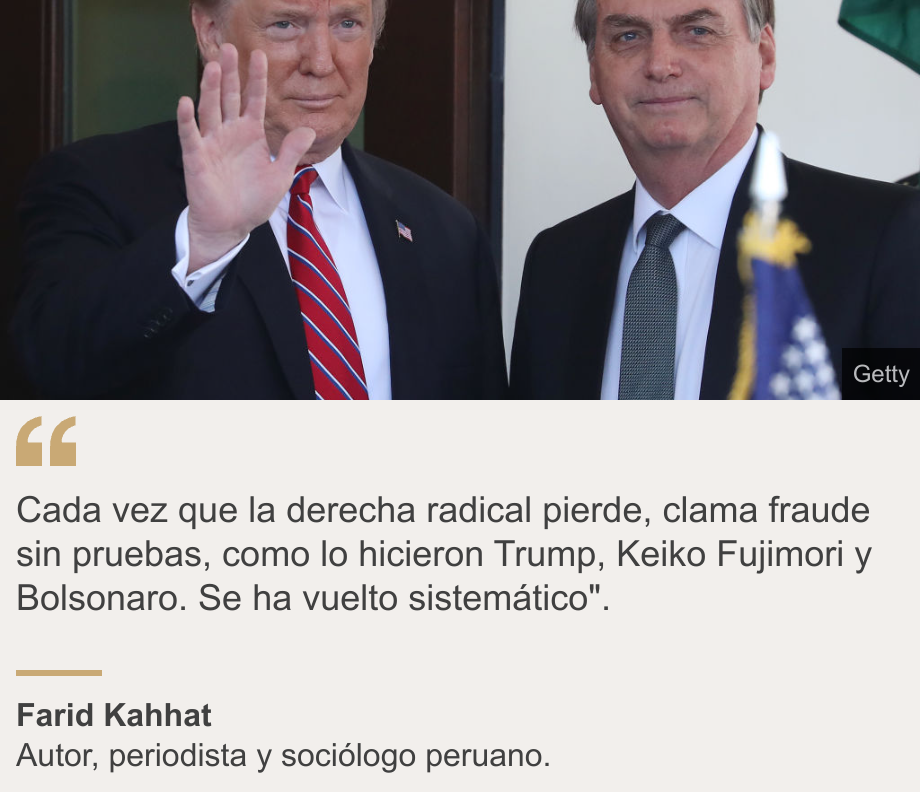 "Cada vez que la derecha radical pierde, clama fraude sin pruebas, como lo hicieron Trump, Keiko Fujimori y Bolsonaro. Se ha vuelto sistemático". ", Source: Farid Kahhat , Source description: Autor, periodista y sociólogo peruano., Image: Trump y Bolsonaro. 