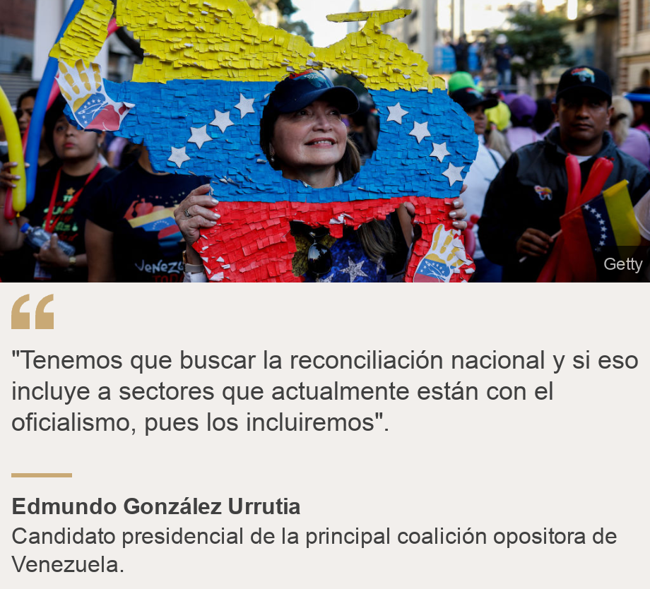 ""Tenemos que buscar la reconciliación nacional y si eso incluye a sectores que actualmente están con el oficialismo, pues los incluiremos".", Source: Edmundo González Urrutia , Source description: Candidato presidencial de la principal coalición opositora de Venezuela., Image: Mujer con mapa de Venezuela. 