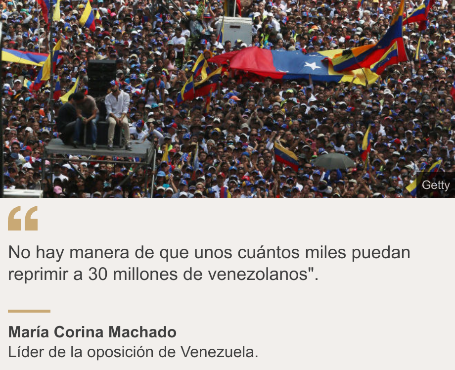 "No hay manera de que unos cuántos miles puedan reprimir a 30 millones de venezolanos".", Source: María Corina Machado, Source description: Líder de la oposición de Venezuela. , Image: Venezolanos en manifestación. 