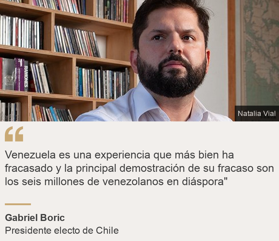 "Venezuela es una experiencia que más bien ha fracasado y la principal demostración de su fracaso son los seis millones de venezolanos en diáspora"", Source: Gabriel Boric, Source description: Presidente electo de Chile, Image: 