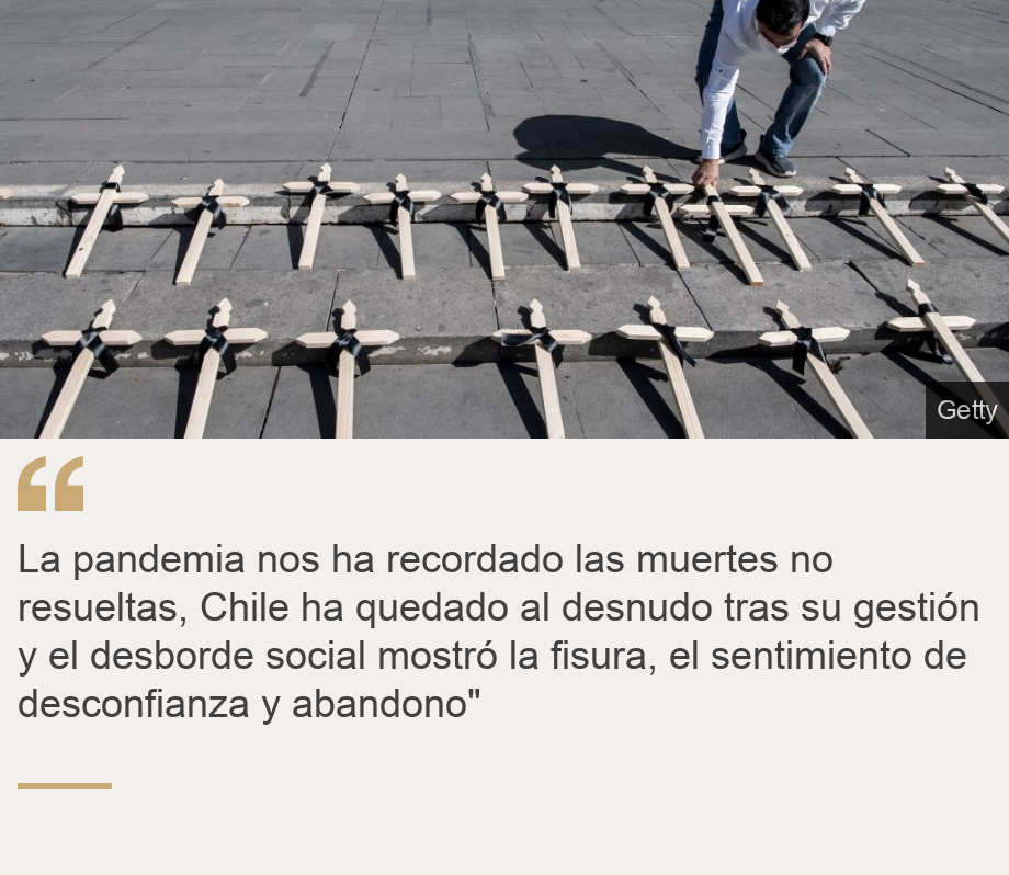 "La pandemia nos ha recordado las muertes no resueltas, Chile ha quedado al desnudo tras su gestión y el desborde social mostró la fisura, el sentimiento de desconfianza y abandono"", Source: , Source description: , Image: Un hombre coloca cruces frente a la Catedral de Santiago en conmemoración de las víctimas de covid