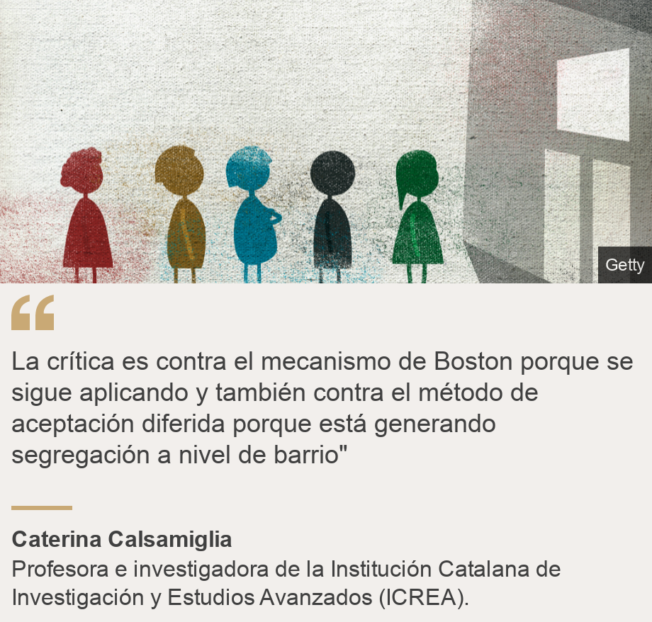 "La crítica es contra el mecanismo de Boston porque se sigue aplicando y también  contra el método de aceptación diferida porque está generando segregación a nivel de barrio"", Source: Caterina Calsamiglia, Source description: Profesora e investigadora de la Institución Catalana de Investigación y Estudios Avanzados (ICREA).  , Image: 