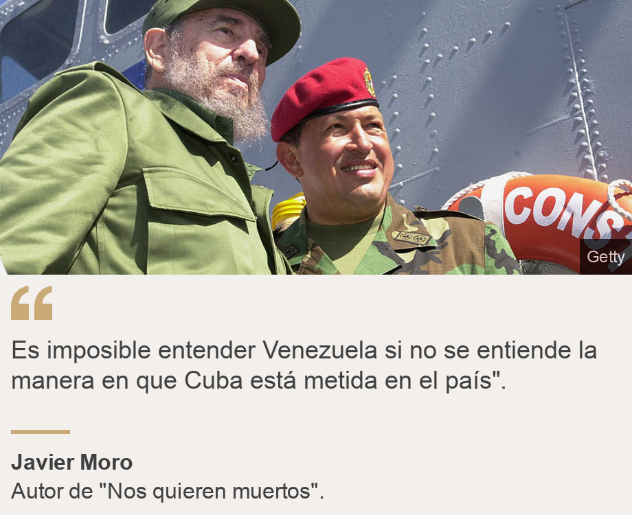 "Es imposible entender Venezuela si no se entiende la manera en que Cuba está metida en el país". 
", Source: Javier Moro, Source description: Autor de "Nos quieren muertos"., Image: Chavez y Fidel