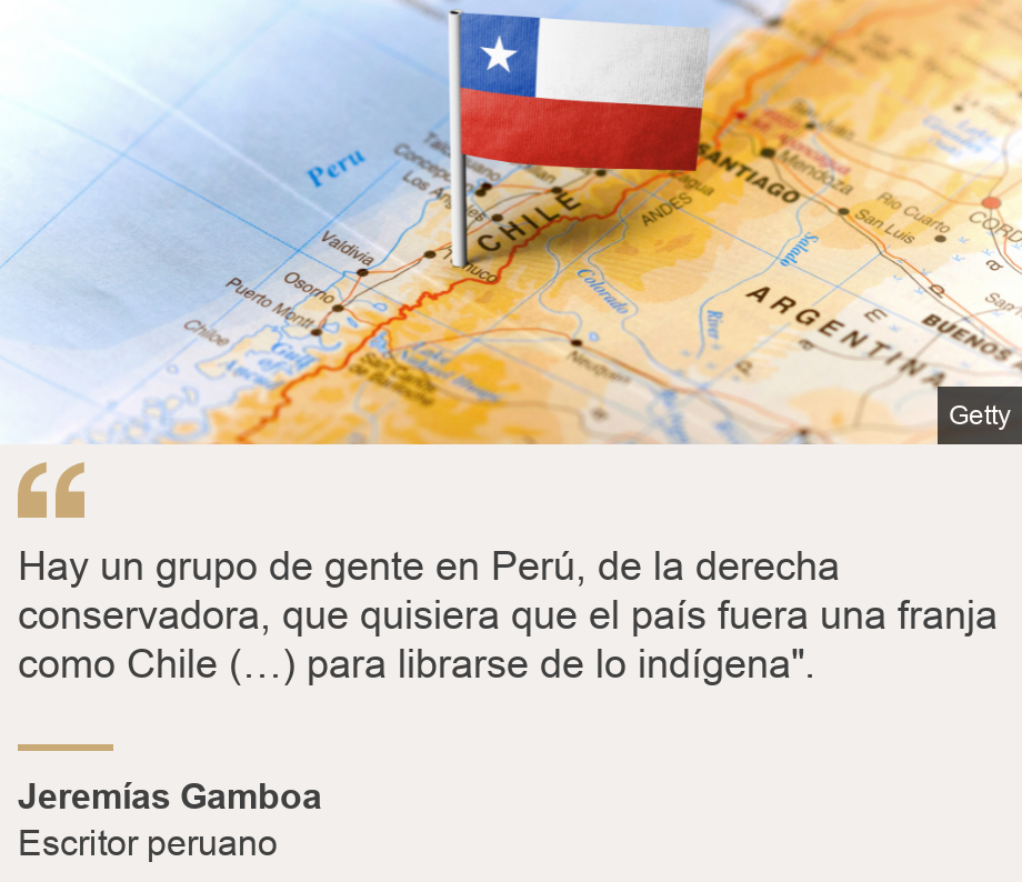 "Hay un grupo de gente en Perú, de la derecha conservadora, que quisiera que el país fuera una franja como Chile (…) para librarse de lo indígena".", Source: Jeremías Gamboa , Source description: Escritor peruano, Image: Mapa de Chile