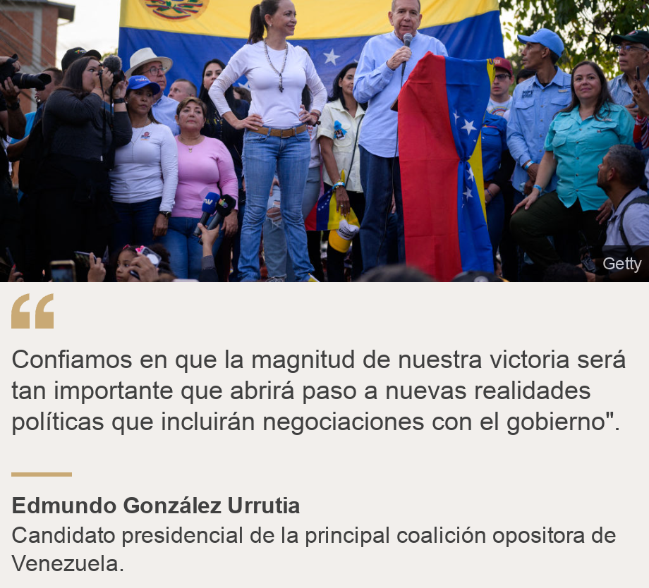 "Confiamos en que la magnitud de nuestra victoria será tan importante que abrirá paso a nuevas realidades políticas que incluirán negociaciones con el gobierno".", Source: Edmundo González Urrutia , Source description: Candidato presidencial de la principal coalición opositora de Venezuela., Image: María Corina Machado y Edmundo González. 