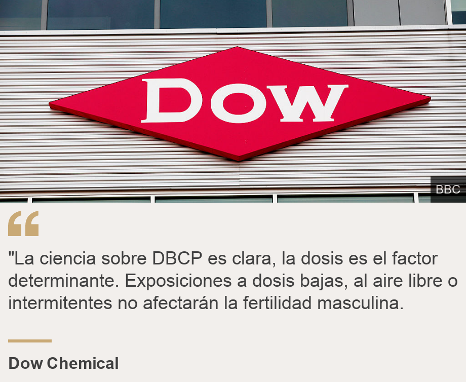 ""La ciencia sobre DBCP es clara, la dosis es el factor determinante. Exposiciones a dosis bajas, al aire libre o intermitentes no afectarán la fertilidad masculina.", Source: Dow Chemical, Source description: , Image: 