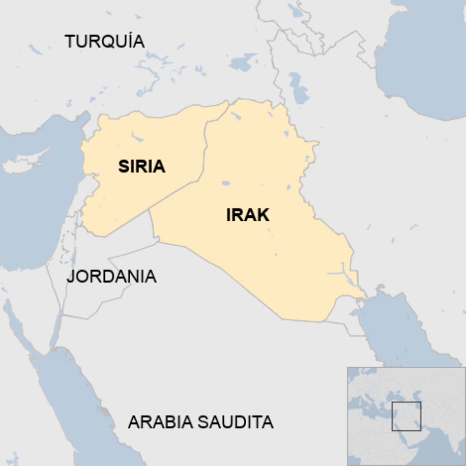 Map: Mapa de Medio Oriente que destaca Siria e Irak, donde, según se informa, Estados Unidos ha atacado objetivos no especificados.