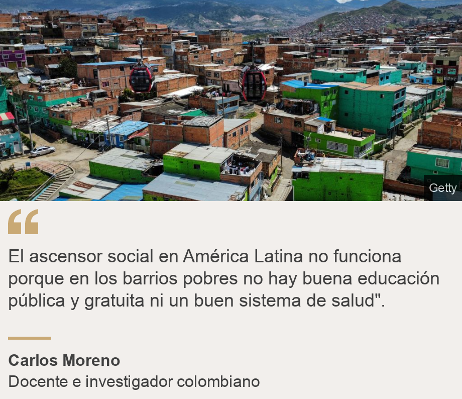 "El ascensor social en América Latina no funciona porque en los barrios pobres no hay buena educación pública y gratuita ni un buen sistema de salud". ", Source: Carlos Moreno, Source description: Docente e investigador colombiano, Image: Ciudad Bolívar