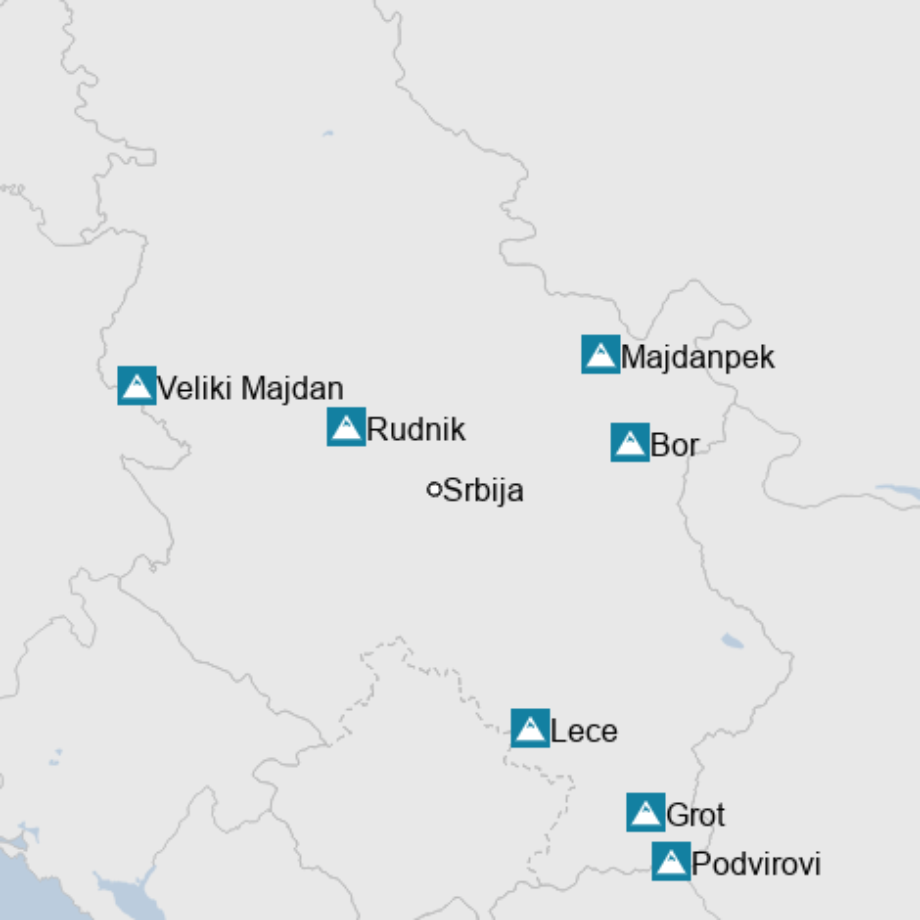 Map: Aktivni rudnici metala u Srbiji 