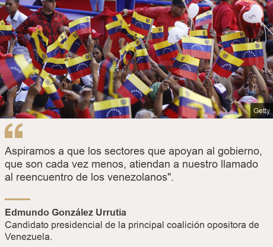 "Aspiramos a que los sectores que apoyan al gobierno, que son cada vez menos, atiendan a nuestro llamado al reencuentro de los venezolanos".", Source: Edmundo González Urrutia, Source description: Candidato presidencial de la principal coalición opositora de Venezuela., Image: Marcha del oficialismo con banderas de Venezuela. 