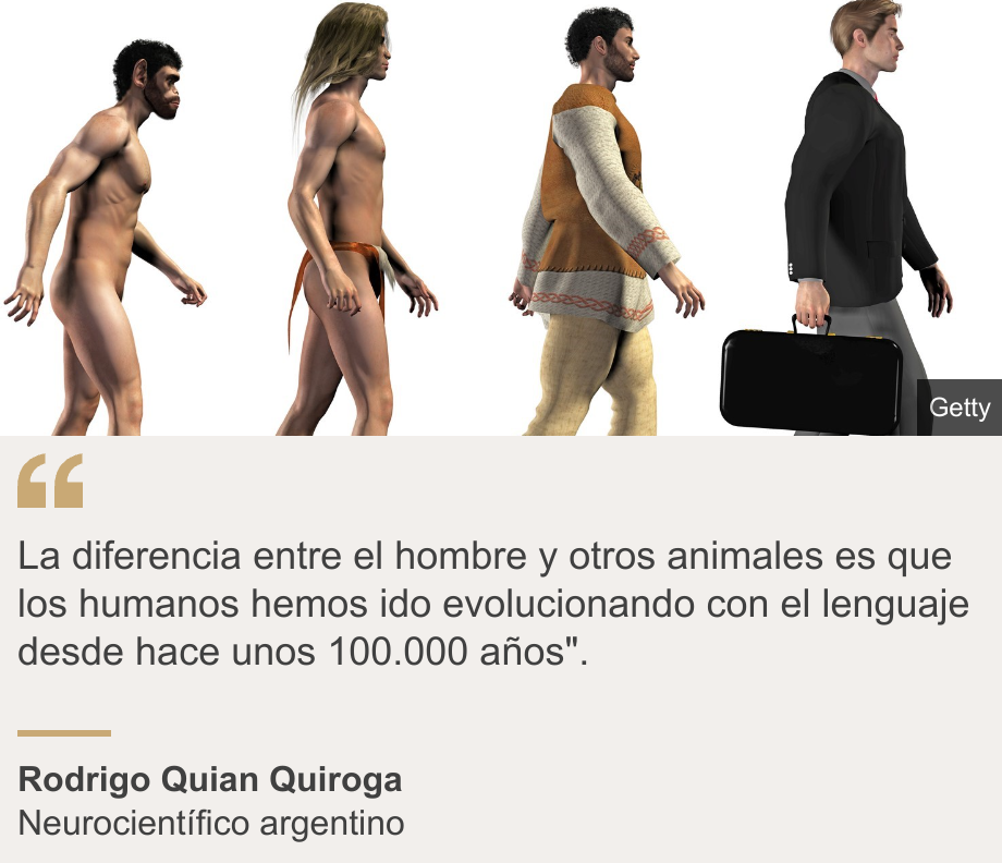 "La diferencia entre el hombre y otros animales es que los humanos hemos ido evolucionando con el lenguaje desde hace unos 100.000 años".

", Source: Rodrigo Quian Quiroga, Source description: Neurocientífico argentino, Image: Evolución humana, desde el simio hasta el hombre de negocios moderno