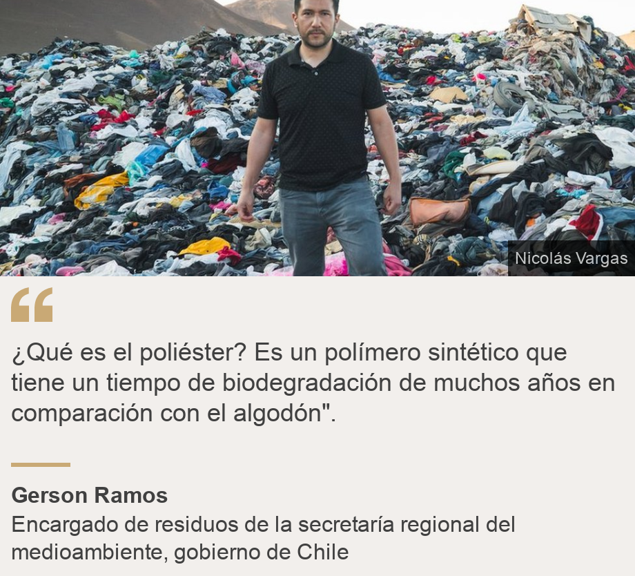 "¿Qué es el poliéster? Es un polímero sintético que tiene un tiempo de biodegradación de muchos años en comparación con el algodón".", Source: Gerson Ramos, Source description: Encargado de residuos de la secretaría regional del medioambiente, gobierno de Chile, Image: Gerson Ramos
