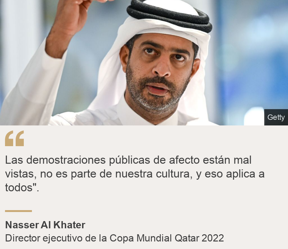 "Las demostraciones públicas de afecto están mal vistas, no es parte de nuestra cultura, y eso aplica a todos".", Source: Nasser Al Khater, Source description: Director ejecutivo de la Copa Mundial Qatar 2022 , Image: Nasser Al Khater

