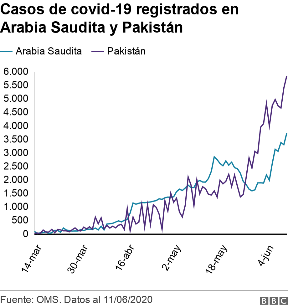 Casos de covid-19 registrados en Arabia Saudita y Pakistán. .  .