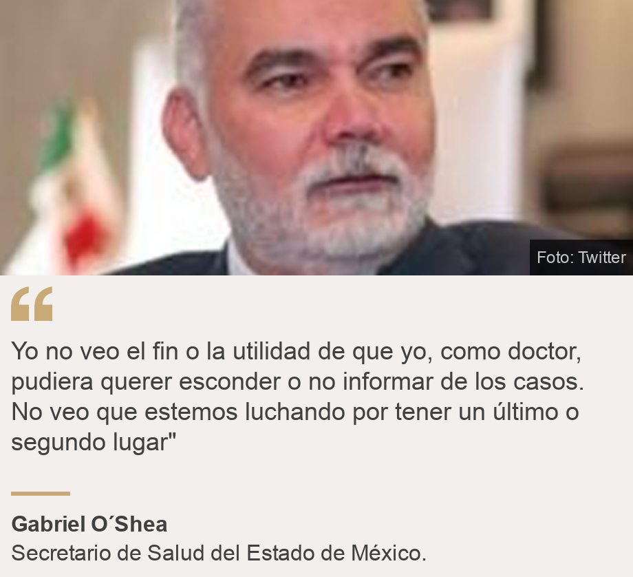 "Yo no veo el fin o la utilidad de que yo, como doctor, pudiera querer esconder o no informar de los casos. No veo que estemos luchando por tener un último o segundo lugar"", Source: Gabriel O´Shea, Source description: Secretario de Salud del Estado de México., Image: Gabriel O´Shea, secretario de Salud del Estado de México.