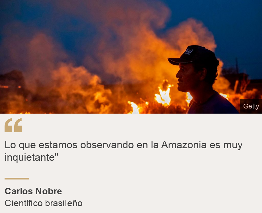 "Lo que estamos observando en la Amazonia es muy inquietante"", Source: Carlos Nobre, Source description: Científico brasileño, Image: Hombre rodeado de llamas.