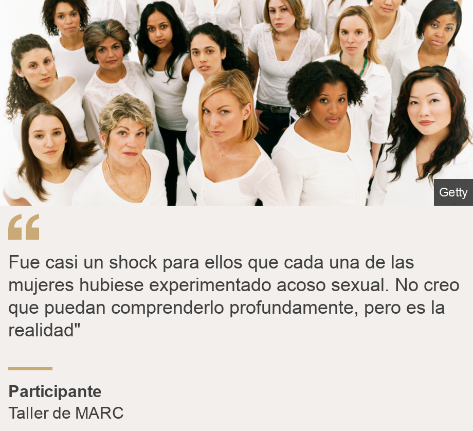 "Fue casi un shock para ellos que cada una de las mujeres hubiese experimentado acoso sexual. No creo que puedan comprenderlo profundamente, pero es la realidad"", Source: Participante, Source description: Taller de MARC, Image: 