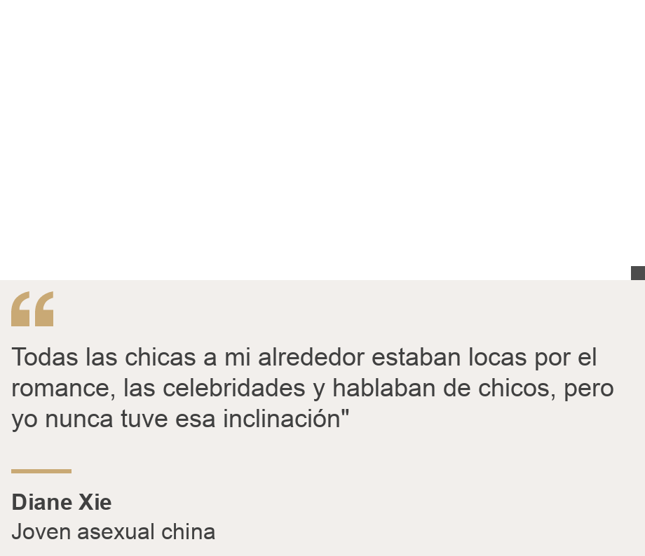 "Todas las chicas a mi alrededor estaban locas por el romance, las celebridades y hablaban de chicos, pero yo nunca tuve esa inclinación"", Source: Diane Xie, Source description: Joven asexual china, Image: 