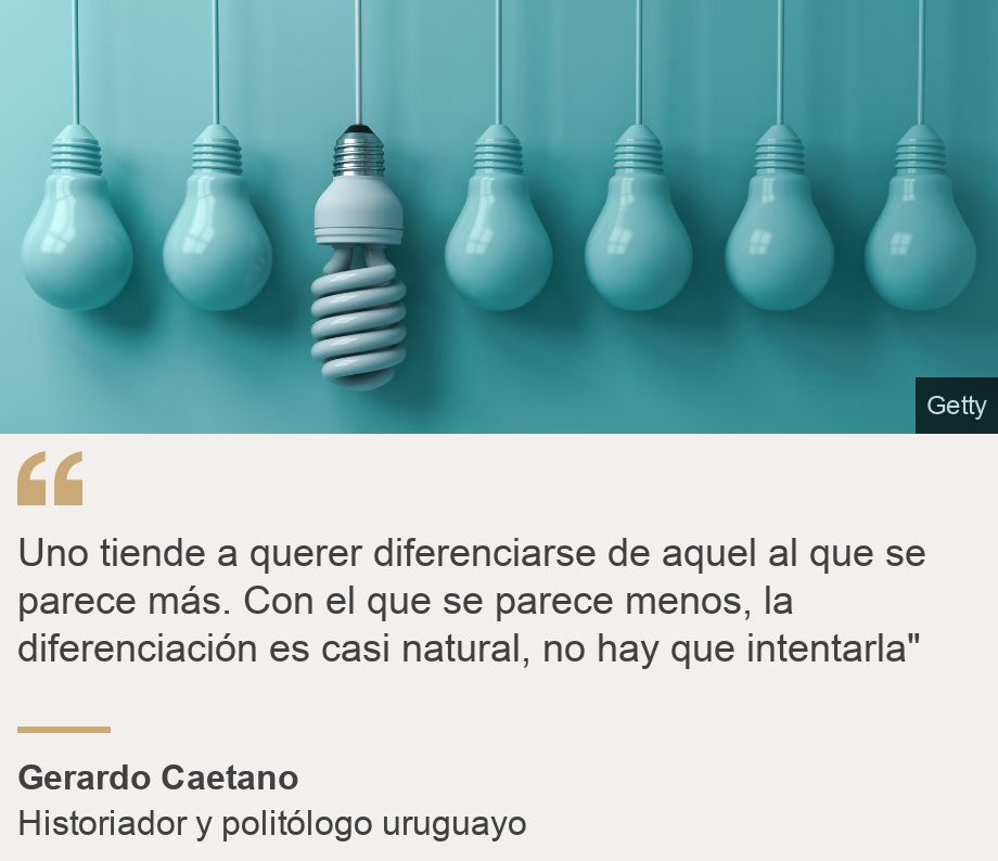 "Uno tiende a querer diferenciarse de aquel al que se parece más. Con el que se parece menos, la diferenciación es casi natural, no hay que intentarla"", Source: Gerardo Caetano, Source description: Historiador y politólogo uruguayo, Image: Bombitas de luz celestes.