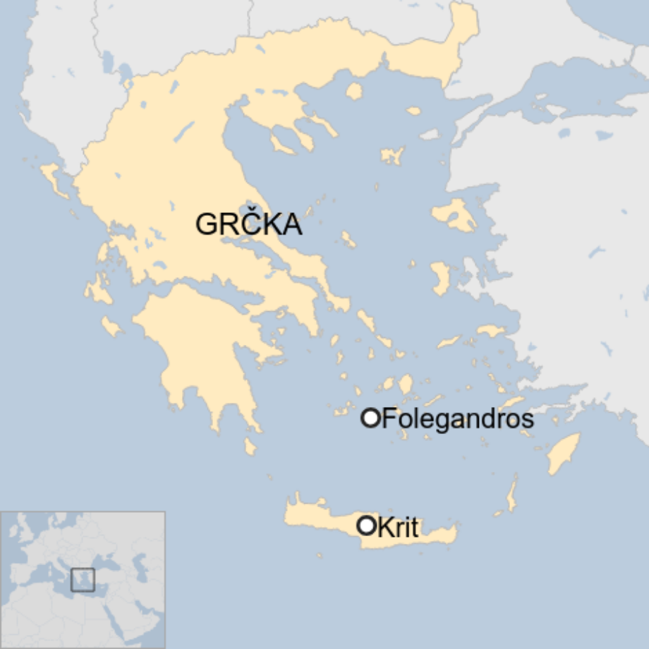 Map: A map showing where Crete and Folegandros are in Greece.