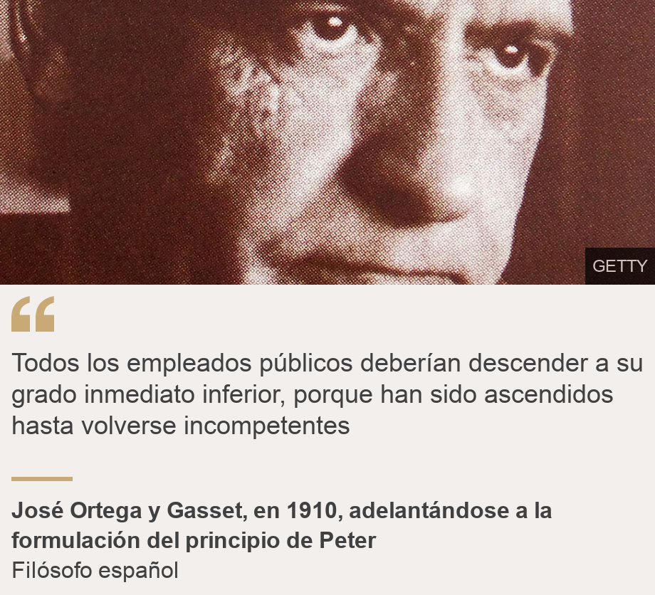 "Todos los empleados públicos deberían descender a su grado inmediato inferior, porque han sido ascendidos hasta volverse incompetentes", Source: José Ortega y Gasset, en 1910, adelantándose a la formulación del principio de Peter, Source description: Filósofo español, Image: José Ortega y Gasset