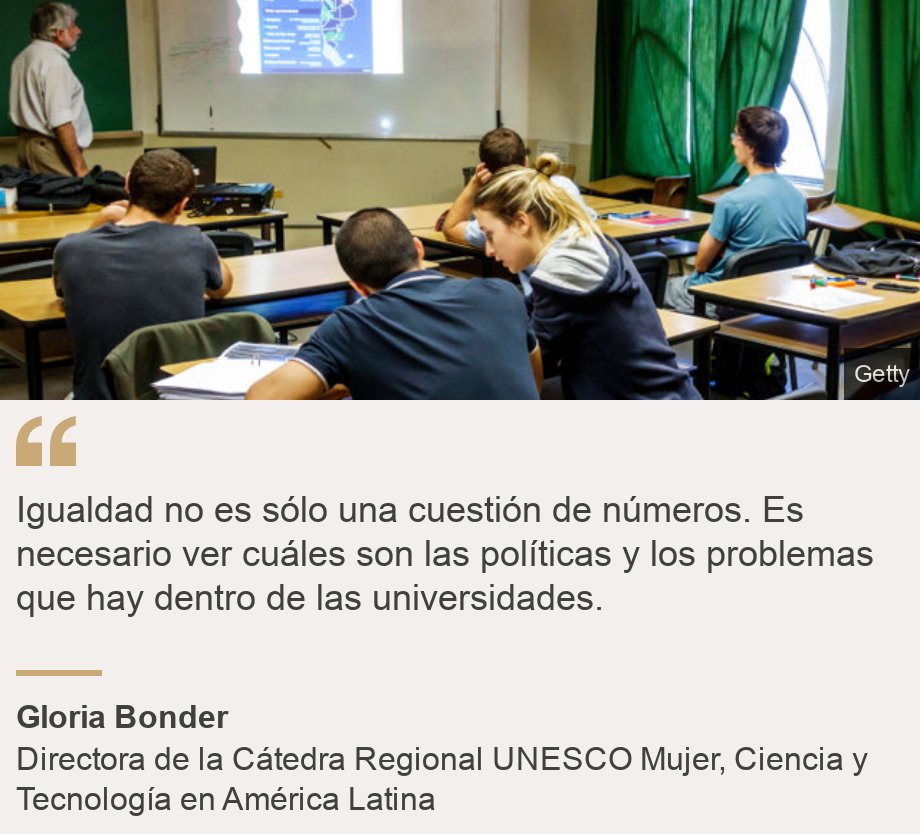 "Igualdad no es sólo una cuestión de números. Es necesario ver cuáles son las políticas y los problemas que hay dentro de las universidades.", Source: Gloria Bonder, Source description: Directora de la Cátedra Regional UNESCO Mujer, Ciencia y Tecnología en América Latina, Image: 