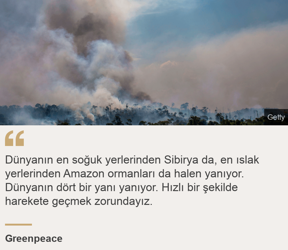 "Dünyanın en soğuk yerlerinden Sibirya da, en ıslak yerlerinden Amazon ormanları da halen yanıyor. Dünyanın dört bir yanı yanıyor. Hızlı bir şekilde harekete geçmek zorundayız.", Source: Greenpeace, Source description: , Image: Plumes of smoke rising from the Amazon rainforest in Brazil