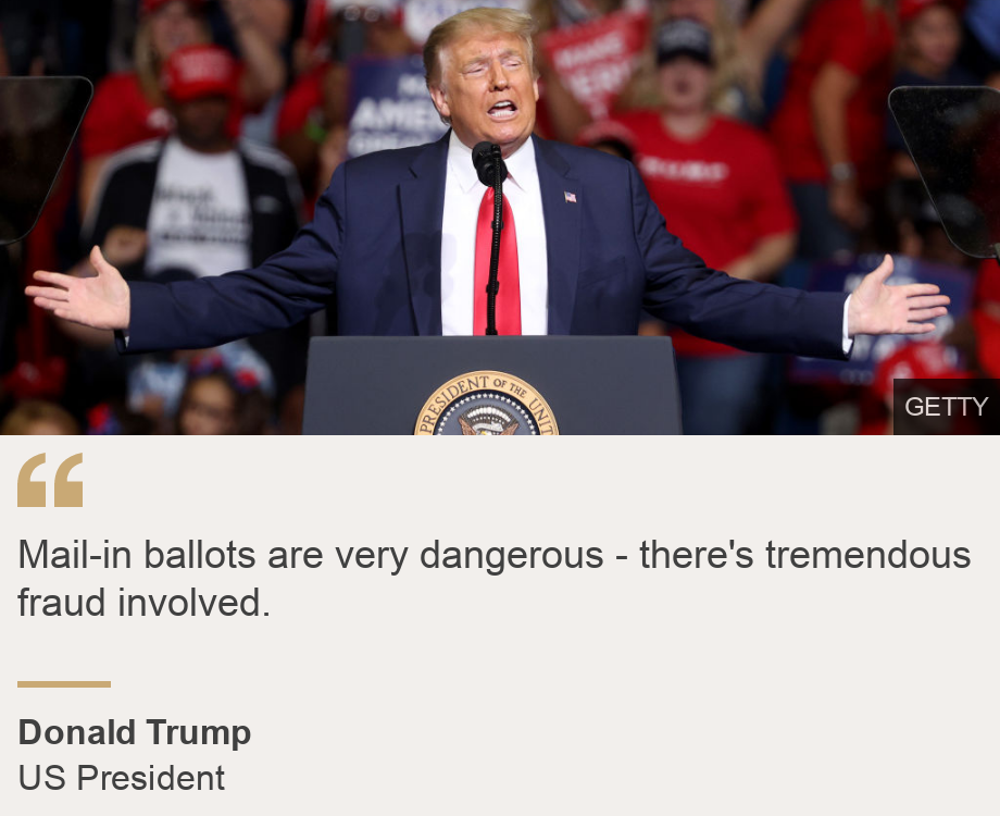 "Mail-in ballots are very dangerous - there's tremendous fraud involved.", Source: Donald Trump, Source description: US President, Image: 