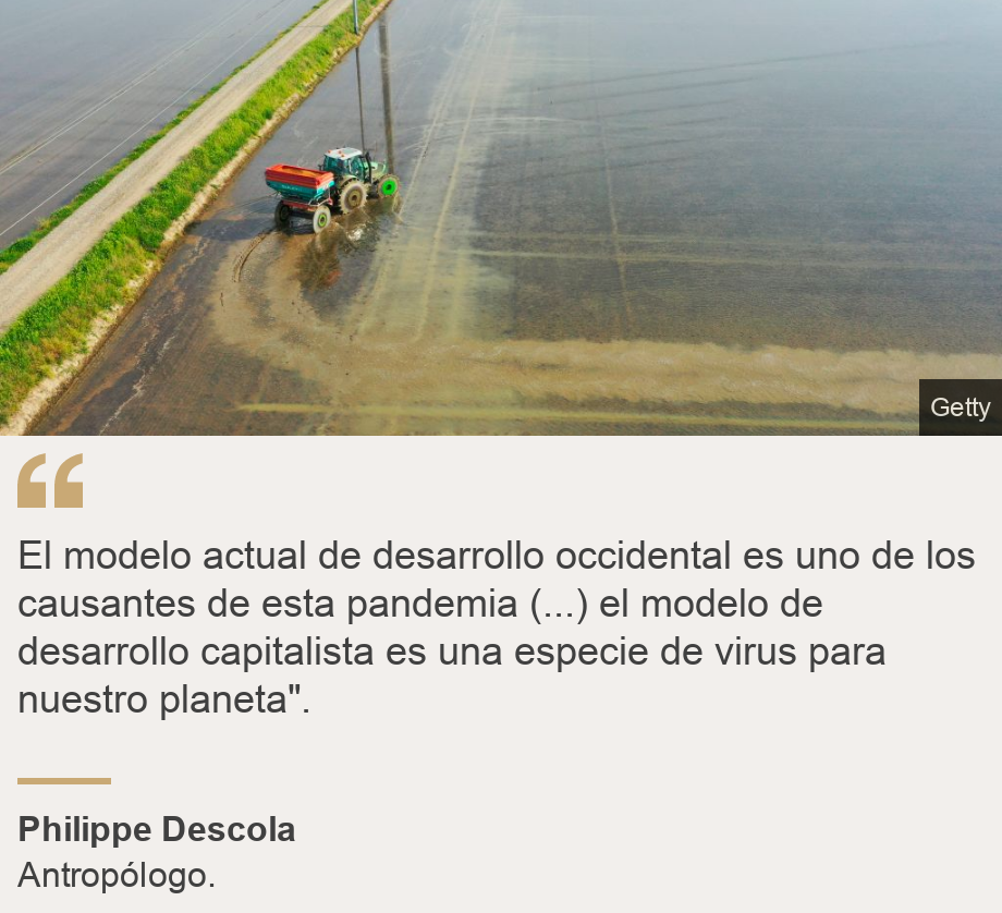 "El modelo actual de desarrollo occidental es uno de los causantes de esta pandemia (...) el modelo de desarrollo capitalista es una especie de virus para nuestro planeta".", Source: Philippe Descola, Source description: Antropólogo., Image: Agricultura intensiva. 