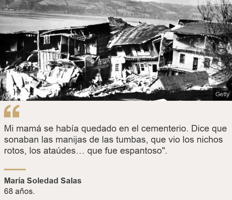 "Mi mamá se había quedado en el cementerio. Dice que sonaban las manijas de las tumbas, que vio los nichos rotos, los ataúdes… que fue espantoso".", Source: María Soledad Salas, Source description: 68 años., Image: Casas destruidas. 