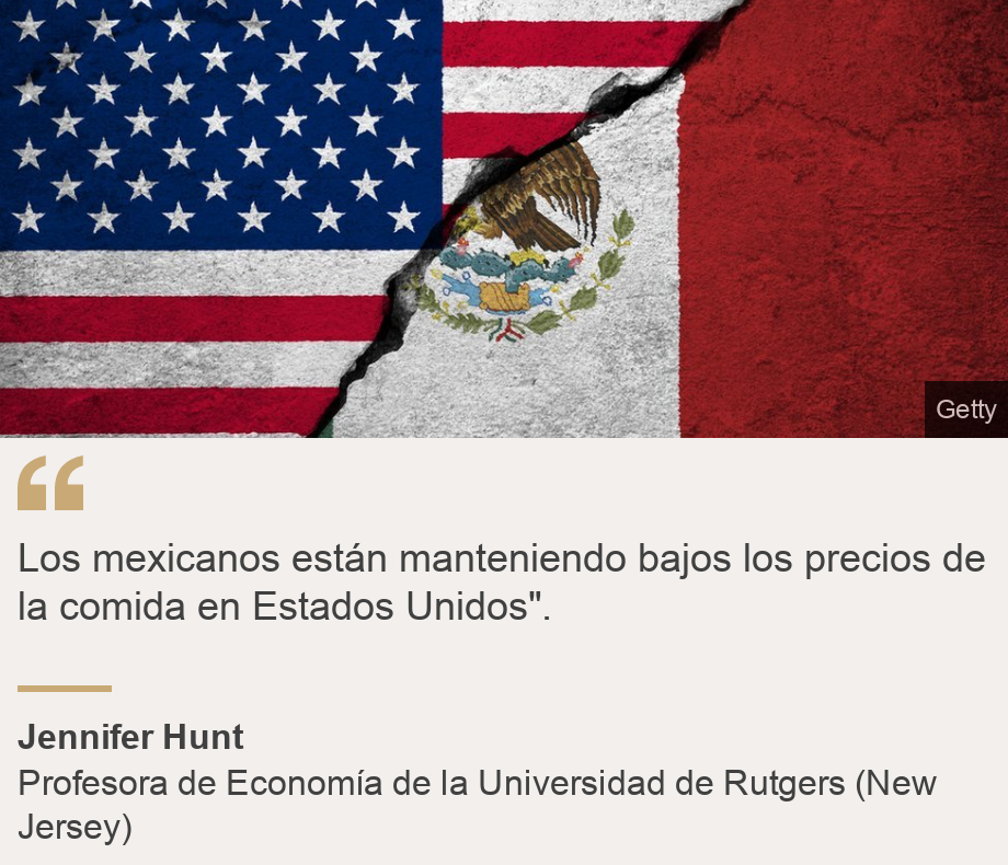 "Los mexicanos están manteniendo bajos los precios de la comida en Estados Unidos".", Source: Jennifer Hunt, Source description: Profesora de Economía de la Universidad de Rutgers (New Jersey), Image: Bandera de Estados Unidos y de México unidas.