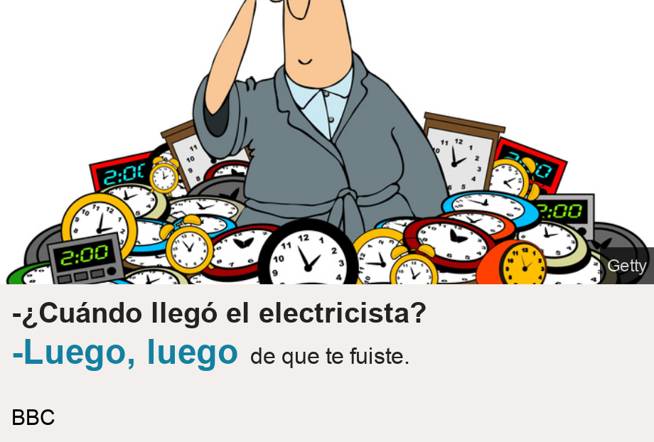 -¿Cuándo llegó el electricista?. [ -Luego, luego de que te fuiste. ], Source: BBC, Image: Un dibujo de un hombre confundido rodeado de relojes.