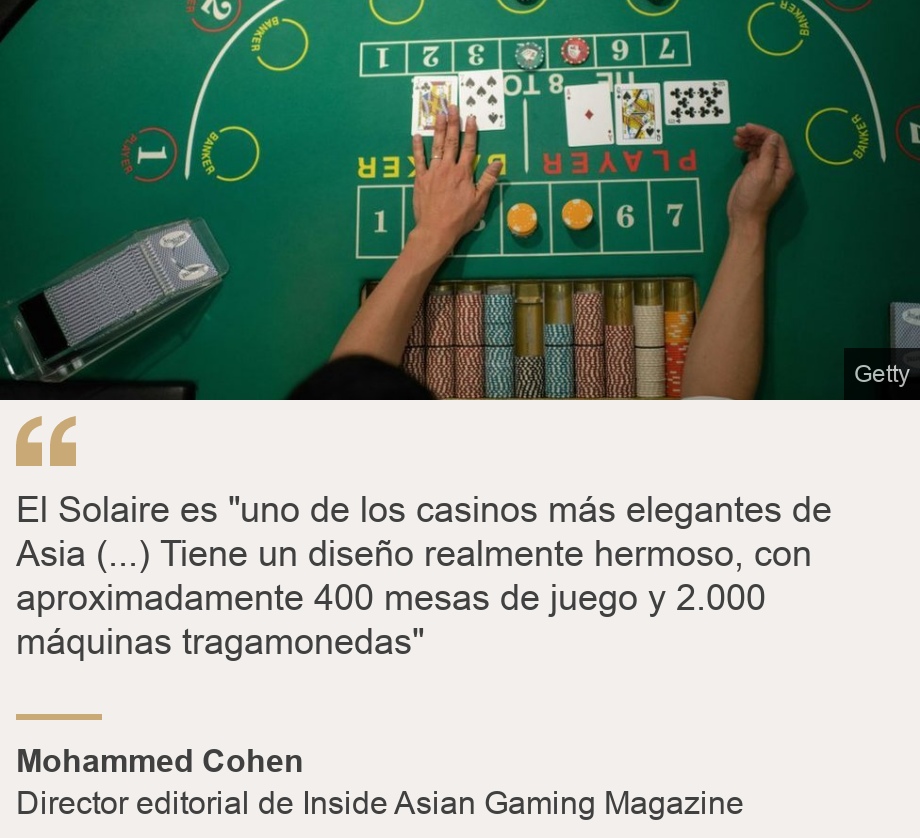 "El Solaire es "uno de los casinos más elegantes de Asia (...) Tiene un diseño realmente hermoso, con aproximadamente 400 mesas de juego y 2.000 máquinas tragamonedas"", Source: Mohammed Cohen, Source description: Director editorial de Inside Asian Gaming Magazine, Image: Mesa de Baccarat en un casino.