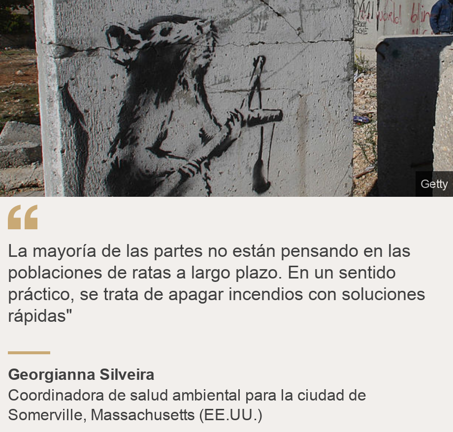 "La mayoría de las partes no están pensando en las poblaciones de ratas a largo plazo. En un sentido práctico, se trata de apagar incendios con soluciones rápidas"", Source: Georgianna Silveira, Source description: Coordinadora de salud ambiental para la ciudad de Somerville, Massachusetts (EE.UU.), Image: Stencil o graffiti del artista Banksy 