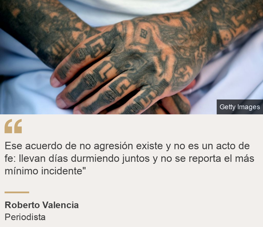 "Ese acuerdo de no agresión existe y no es un acto de fe: llevan días durmiendo juntos y no se reporta el más mínimo incidente"", Source: Roberto Valencia, Source description: Periodista, Image: Pandillero de la MS-13