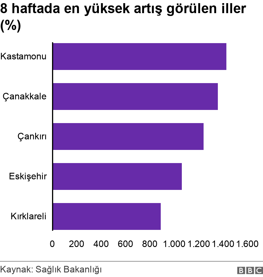 8 haftada en yüksek artış görülen iller (%). .  .